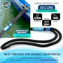 Load image into Gallery viewer, Premium Nylon Boat Dock Lines &amp; Ropes for Docking 5/8'' x 25' | Double Braided Marine Rope &amp; Mooring Line| Boat Ropes for Docking with Loop | UV &amp; Saltwater Resistant Dock Ropes for Boats &amp; Pontoons
