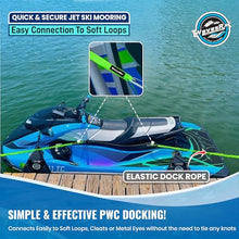 Load image into Gallery viewer, WAVESRX DockingPal™ - Premium Flat Bungee Dock Line for Boats | Elastic Boat Dock Rope with 1 Stainless Steel Carabiner &amp; 1 Loop | Stretches from 5' to 9' for Jet Ski, PWC &amp; Boat
