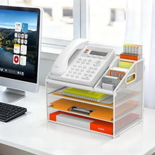Load image into Gallery viewer, DocNest 4 Tier Metal Mesh Letter Tray - Space Saving Desk File Organizer with Handle, Pen Holder &amp; Folder Holder - Desktop Document Sorter for Office, Home, School, Classroom - White
