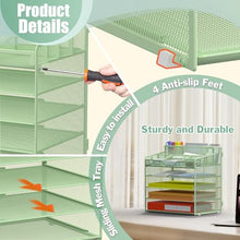 Load image into Gallery viewer, Docnest 5 Tier Mesh Desk Organizer for Paper Office Supplies – Multi-Functional Letter Tray with 5 Adjustable Compartments, 3 Pen Holders, Desktop Storage for Files, Mail, Stationery – Green
