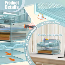 Load image into Gallery viewer, Docnest 3 Tier Mesh Desk Organizer for Paper Office Supplies – Multi-Functional Letter Tray with 5 Adjustable Compartments, 3 Pen Holders, Desktop Storage for Files, Mail, Stationery – Blue
