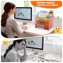 Load image into Gallery viewer, DocNest 5 Tier Metal Mesh Letter Tray - Space Saving Desk File Organizer with Handle, Pen Holder &amp; Folder Holder - Desktop Document Sorter for Office, Home, School, Classroom - Pink
