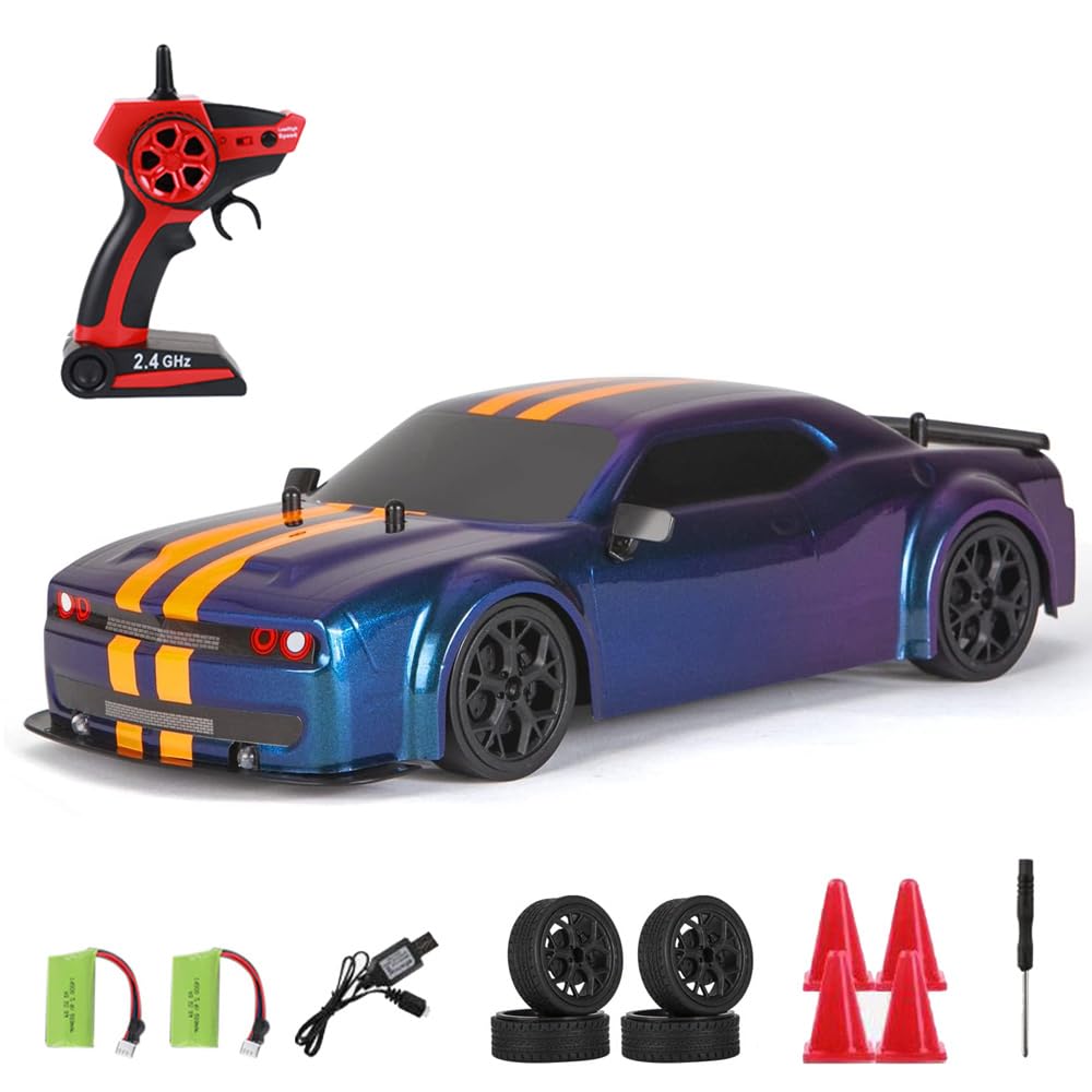 RC Drift Car, 1:14 4WD 30KM/H High Speed RC Racing Car, 2.4GHz Remote Control, LED Lights, 2 Batteries, Race & Drift Tires for Kids & Adults (Blue)