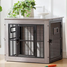 Load image into Gallery viewer, 27 Inch Heavy Duty Dog Crate Furniture for Puppy/Small Dogs, Decorative Pet House End Table with 3 Doors, Wooden Cage Kennel Furniture Indoor, Rustic Grey - Without Bowls
