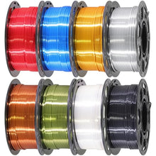 Load image into Gallery viewer, DO3D 1.75mm Silk PLA 3D Printer Filament Bundle, 8 Silk Shiny Colors: Gold/Silver/Copper/Bronze/Black/White/Red/Blue, Each Spool 250g, 8 Spools, Total 2Kg 3D Printing Material, 250g x 8 Spools
