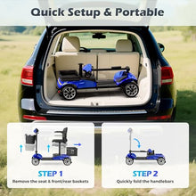 Load image into Gallery viewer, Foldable 4-Wheel Mobility Scooter for Adults – Portable Motorized Scooter with 330 lbs Capacity, Detachable Battery, Dual Baskets, Cup &amp; Phone Holder, Blue
