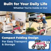 Load image into Gallery viewer, KneeRover Steerable Knee Scooter – Foldable Mobility Aid &amp; Knee Walker with Basket for Adults, Adjustable Handlebar and Comfortable Knee Pad (Hot Pink)

