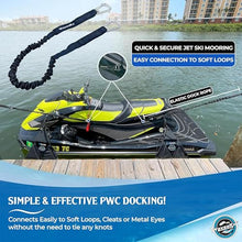 Load image into Gallery viewer, WAVESRX DockingPal™ - Premium Flat Bungee Dock Lines for Boats I Elastic Boat Dock Rope with Stainless Steel Carabiners | Stretches from 3' to 5' | Absorbs Shocks Prevent Damage to Jet Ski &amp; PWC
