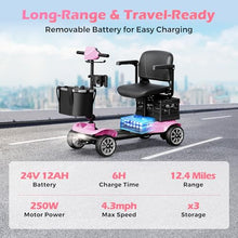 Load image into Gallery viewer, Foldable 4-Wheel Mobility Scooter for Adults – Portable Motorized Scooter with 330 lbs Capacity, Detachable Battery, Dual Baskets, Cup &amp; Phone Holder, Pink
