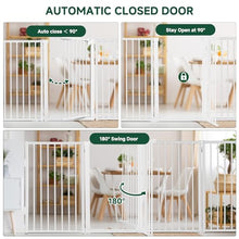 Load image into Gallery viewer, Snagle Paw Metal Freestanding Dog Gate with Door, 80” W x 32” H Dog Fence with Support Feet for Doorways, Stairs and Hallways, Portable Pet Gate for Indoor Use (4 Panel, White)
