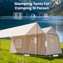 Load image into Gallery viewer, 8-10 Person Large Inflatable Tents for Camping, Blow Up Tent House 2 Rooms, 4 Season Hot Tent House with Stove Jack &amp; AC Port, Air Glamping Camping Tent for Outdoor, Easy Setup with Air Pump
