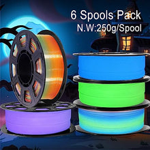 Load image into Gallery viewer, 1.75mm PLA 3D Printer Filament Bundle: Glow in Dark Green/Blue/Purple/Rainbow, One Spool Clear Multi Colored, Each Spool 250g, Total 1.25Kg 3D Printing Material, 250g x 5 Spools Glow in Dark PLA
