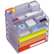 Load image into Gallery viewer, Docnest 5 Tier Mesh Desk Organizer for Paper Office Supplies – Multi-Functional Letter Tray with 5 Adjustable Compartments, 3 Pen Holders, Desktop Storage for Files, Mail, Stationery – Purple
