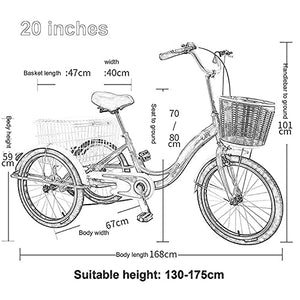 Three Wheel Bike, 20in Adult Tricycle with Shopping Basket Cruiser Bike High Carbon Steel Frame for Recreation Shopping