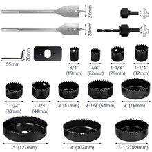 Load image into Gallery viewer, 18Pcs Hole Saw Kit,Wood Hole Saw Set with 3/4in-5in Hole Saws,Mandrels,Drill Bits,Installation Plate,Hex Wrench,Flat Saw,Storage Case for Wood,Plywood,PVC,Drywall,Plastic
