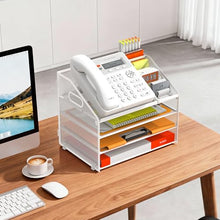 Load image into Gallery viewer, DocNest 4 Tier Metal Mesh Letter Tray - Space Saving Desk File Organizer with Handle, Pen Holder &amp; Folder Holder - Desktop Document Sorter for Office, Home, School, Classroom - White
