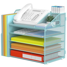 Load image into Gallery viewer, DocNest 5 Tier Paper Letter Tray File Organizer, Mesh Desk File with Handle, Workspace Desk Organizers with Pen Holder, Office Organization Storage Accessories - Blue
