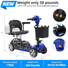 Load image into Gallery viewer, 20 Miles 4 Wheels Mobility Scooter for Seniors/Adults Up to 300LBS,350W Electric Wheelchair Detachable Lithium Battery,Dual Baskets,Rotating Seat,with Taillight, USB Charging, Blue 18AH
