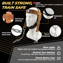 Load image into Gallery viewer, Leather Neck Harness for Weight Lifting – Adjustable Head Strap with Heavy-Duty Steel Chain &amp; Microfiber Padding – Neck Exerciser for Bodybuilding, Boxers &amp; Gym Workout (Brown)
