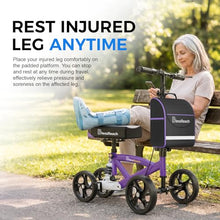 Load image into Gallery viewer, BlessReach Steerable Knee Walker Deluxe Medical Scooter for Foot Injuries Compact Crutches, with Dual Rear on-Wheel Brake and Shock Absorption Under The Knee pad（Purple）
