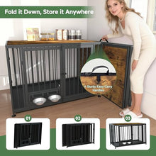 Load image into Gallery viewer, 43.3" Heavy Duty Large Dog Crate with Wheels &amp; Feeding Bowls, 3 in 1 Foldable Extra Large Dog Kennel &amp; Playpen, Indestructible Escape Proof Metal Dog Cage for Large Dogs, Indoor Outdoor, Rustic Brown
