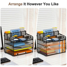 Load image into Gallery viewer, Docnest 4 Tier Mesh Desk Organizer, Multi-Functional Paper Letter Tray with 5 Adjustable Compartments &amp; 3 Pen Holders - Space-Saving Desktop Storage for Office Files, Mail, Stationery - Black
