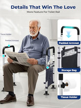 Load image into Gallery viewer, WHLICKS Toilet Safety Rails, Height &amp; Width Adjustable Detachable Toilet Safety Frame for Seniors, Elderly &amp; Disabled, Foldable Handicap Toilet Rails with Handles Storage Bag, Tissue Holder (350LB)
