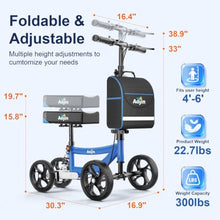 Load image into Gallery viewer, Aojin Knee Scooter for Adults for FootInjuries, 300lbs Capacity, All Terrain Foldable Knee Scooter Walker with Bag, 13" Wide Pu Seat, Compact Crutches Alternative (Blue)
