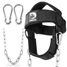 Load image into Gallery viewer, DMoose Fitness Neck Harness for Weight Lifting - Soft Padded Head &amp; Chin Strap with 30" Heavy Duty Steel Chain - Neck Exerciser, Trainer &amp; Strengthener to Support Injury Recovery (Black)
