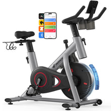 Load image into Gallery viewer, Merach Exercise Bike, Brake Pad/Magnetic Stationary Bike with Exclusive App- Greyycling Bike with 270LBS Weight Capacity, Dumbbell Rack and Fitness Courses for Weight Loss
