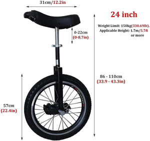 24-Inch Unicycle with Handles, Fat Tire, Adjustable Saddle, for Adults, Heavy Duty, Professional Outdoor Riding, 150kg Capacity