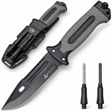 Load image into Gallery viewer, Naifu Bushcraft 6-in-1 Survival Knife — Full Tang Fixed Blade Hunting Knife with Sheath, Drop Point Blade, Built-in Sharpening Rod, Ferro Rod Fire Starter, Whistle, Glass Breaker— Camping, Bushcraft, EDC Gear

