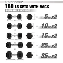 Load image into Gallery viewer, RITFIT Rubber Hex Dumbbells Set with Rack, 180-780LB Heavy-Duty Cast Iron Core, Knurled Chrome Handle, Space-Saving Storage Rack for Home Gym Strength Training
