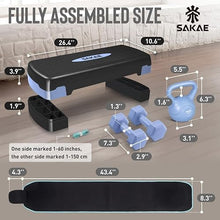Load image into Gallery viewer, Adjustable Exercise Stepper Kit with Dumbbells &amp; Kettlebell &amp; Weightlifting Belt &amp; Measuring Tape, 2 Level Risers Aerobics Step Platform for Home Gym Exercise Fitness Workout, Blue Black
