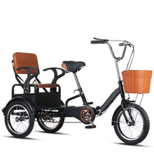 Load image into Gallery viewer, Folding Elderly Tricycle, Adult Rickshaw Pedal Tricycle, Leisure Vehicle,16inch Tandem Trike with Rear Seat (Black 16 in)
