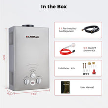 Load image into Gallery viewer, CAMPLUX Portable Tankless Water Heater 55,000 BTU, 2.11 GPM Propane Water Heater for Camping, RV, Outdoor, Battery Operated with Handle, Gray, BW211G
