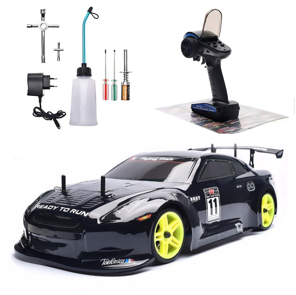 RC Cars 1/10 Two Speed Nitro Gas Power Car for Adults - Fast Drift 4WD 80KM/H Metal Chassis (Black)