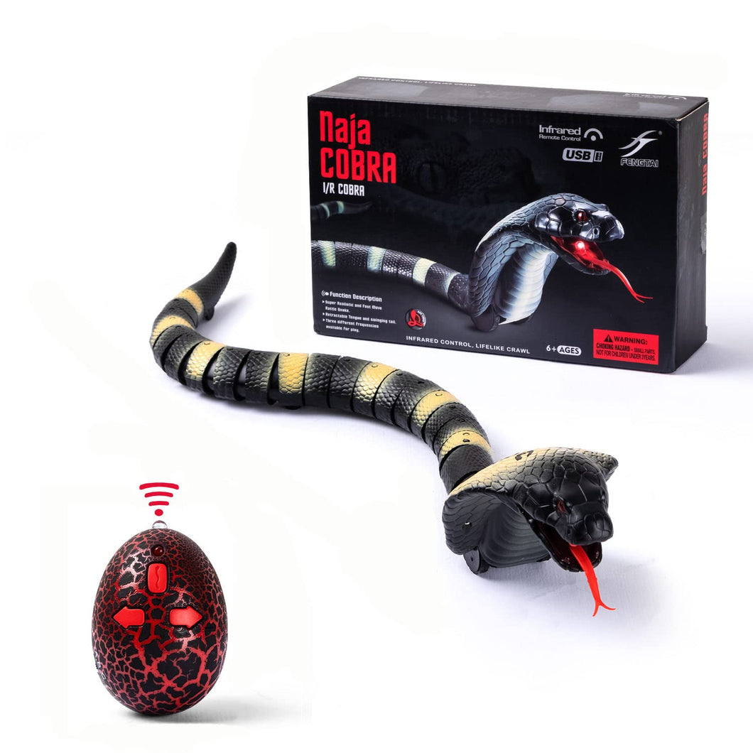 RC Snake Toy: Realistic Prank Cobra, Rechargeable, Smart Sensing, Infrared Controller for Kids/Cat (Black)