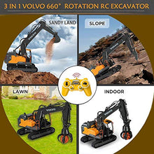 Load image into Gallery viewer, DOUBLE E Volvo RC Excavator 17 Channel 3 in 1 Construction Toys, 17 Channel Remote Control Vehicles Tractor Sandbox Toys Digger with Metal Shovel Drill Grab RC Truck for Kids Adults

