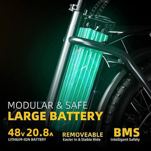 1000W Folding Electric Bike, 48V 20.8AH Large Removable Battery E-Bike, 30+MPH, 80 Miles Max Range, 20" Fat Tire
