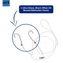 Load image into Gallery viewer, UMT Sea Bass Hi/Lo Saltwater Fishing Rigs 10 Pack, 3/0 Bait Hook, 60lb Heavy Duty Mono, 80lb Swivel &amp; Sinker Loop, Hand Tied for Fluke Porgy Snapper Croaker Sea Trout Tautog Spot Pompano

