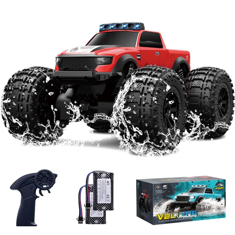 Amphibious Remote Control Car Waterproof Monster Truck Toys for Kid 4WD All Terrain Off Road RC Cars 2.4G RC Trucks (RED)