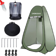 Load image into Gallery viewer, Pop-up Shower Tent &amp; 20L Solar Shower Bag Combo - Waterproof Camping Privacy Shelter with Portable Heated Water Reservoir for Outdoor Bathing, Beach, Hiking (Green, 120x120x190cm)
