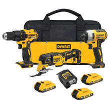 Load image into Gallery viewer, DEWALT 20V MAX 3-Tool Brushless Power Tool Set, Includes 1/2 Cordless Drill,1/4 Impact Driver, Oscillating Tool, 3 Batteries and a Charger, Extended Runtime, Lightweight (DCK360D3)
