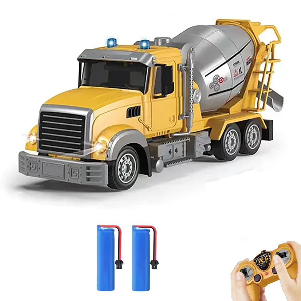 RC Cement Mixer Toy Truck for Boys - 6 Channel Remote Control Construction Toys with 2 Rechargeable Batteries