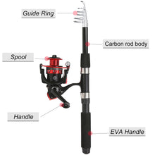 Load image into Gallery viewer, Tripquips Fishing Rod, 6.9ft 2Pcs Telescopic Fishing Rods Set, Carbon Fiber Fishing Pole, 2PCS Spinning Rod and Reel Combo with Carrier Bag Freshwater Fishing Rod and Reel Combos Kits Fishing Gear-Red
