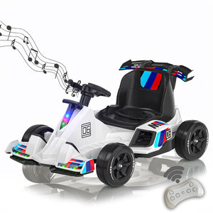 12V Electric Go Kart for Kids, Electric Pedal Kart with Remote Control, Music, Lights, Accelerator and Brake (White)