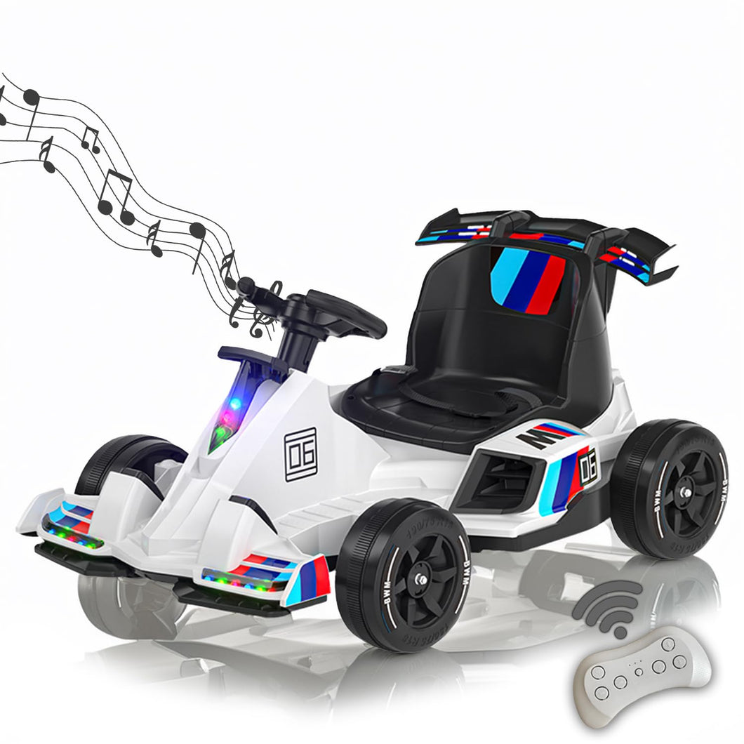 12V Electric Go Kart for Kids, Electric Pedal Kart with Remote Control, Music, Lights, Accelerator and Brake (White)