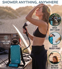 Load image into Gallery viewer, AVANTI CAMP 2.1 Gallon Pressurized Portable Camping Shower | 10-Mode Spray Head | Premium Neoprene Insulated Sleeve &amp; Padded Shoulder Strap | Rinse Kit for Surf, Sand, RV, Road Trips &amp; Pets |Blue
