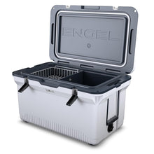 Load image into Gallery viewer, ENGEL 60 QT Ultra-Light Injection Molded Cooler - Ice Chest Keeps Ice up to 7 Days - Large Cooler Includes Wire Basket, Divider and Built-in Bottle Opener - White with Dark Grey Interior (White)
